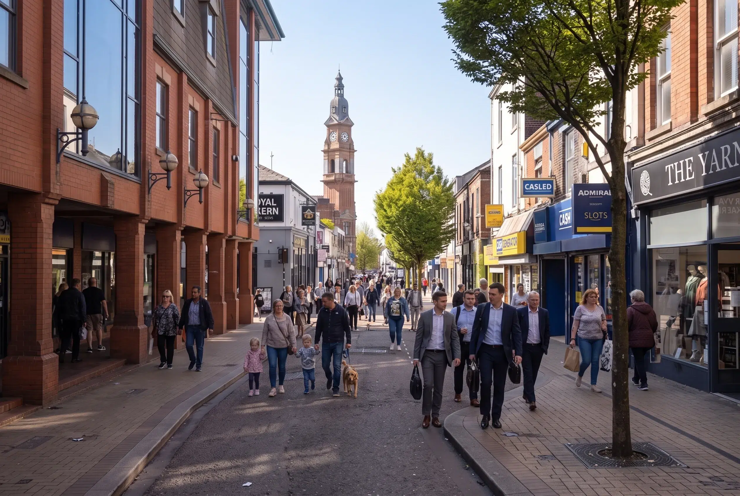 Busy high street with clock tower and historic brick buildings