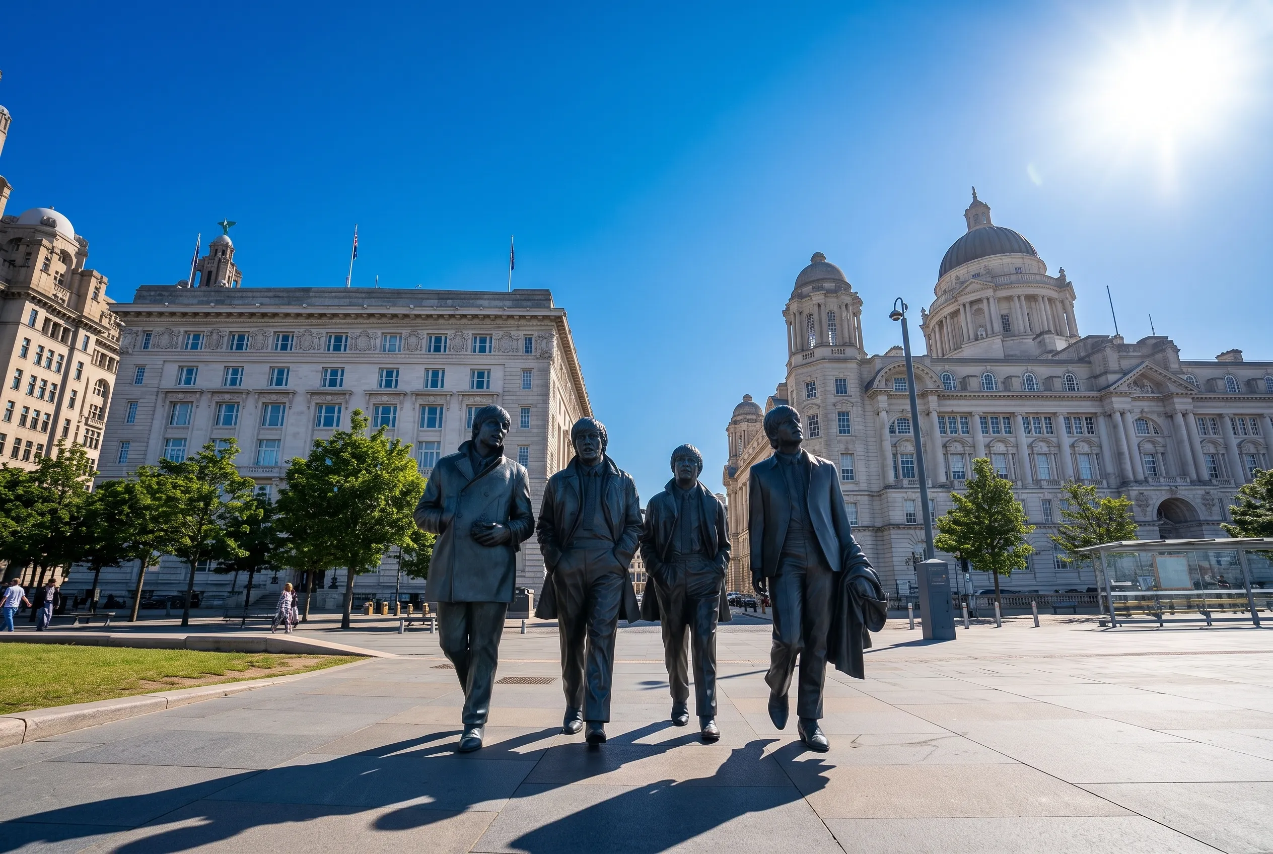 Bronze statues of four figures walking in Liverpool city square