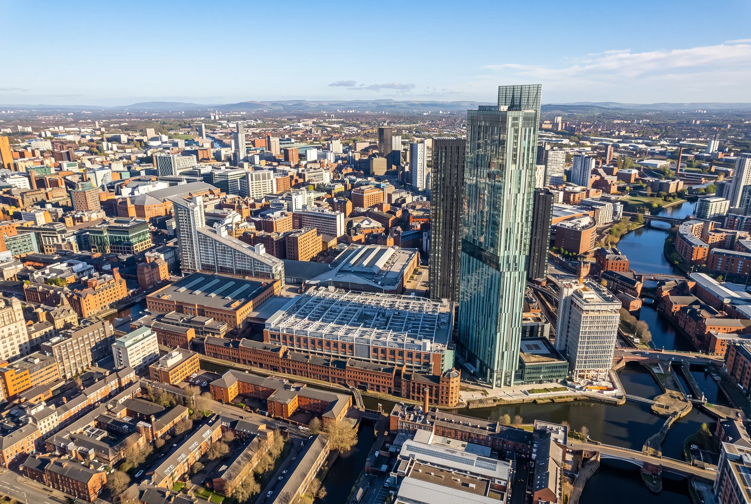 Aerial view of Manchester city centre with modern skyscraper