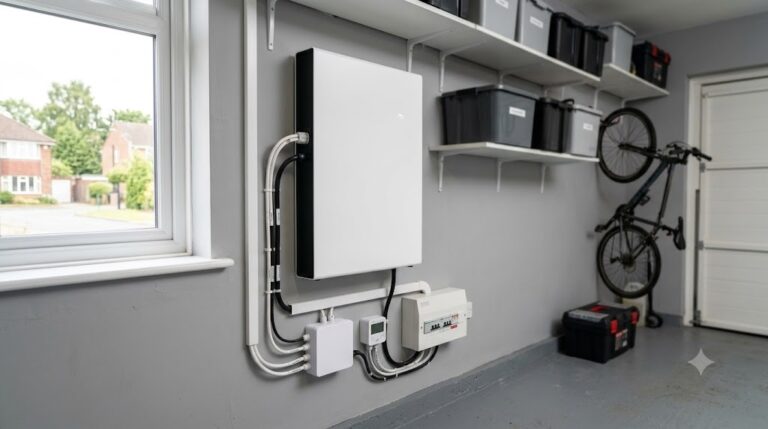 Home battery storage unit mounted on a garage wall