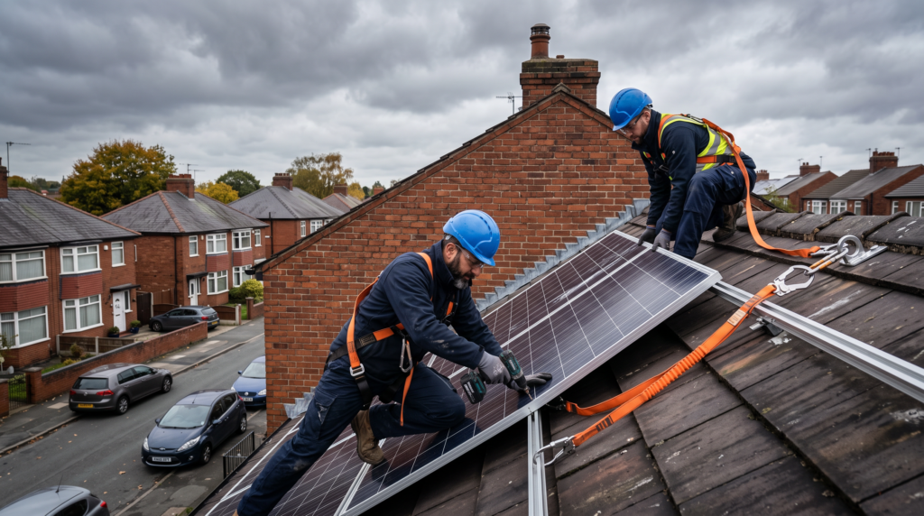 Solar panel installers at work on a Manchester home