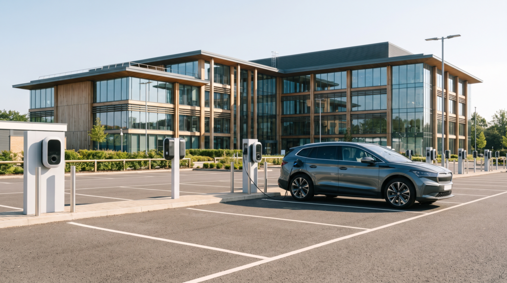 Workplace EV chargers installed at a business car park by Green Sky Renewables