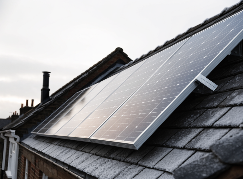 solar panels working in winter on a UK rooftop under grey skies